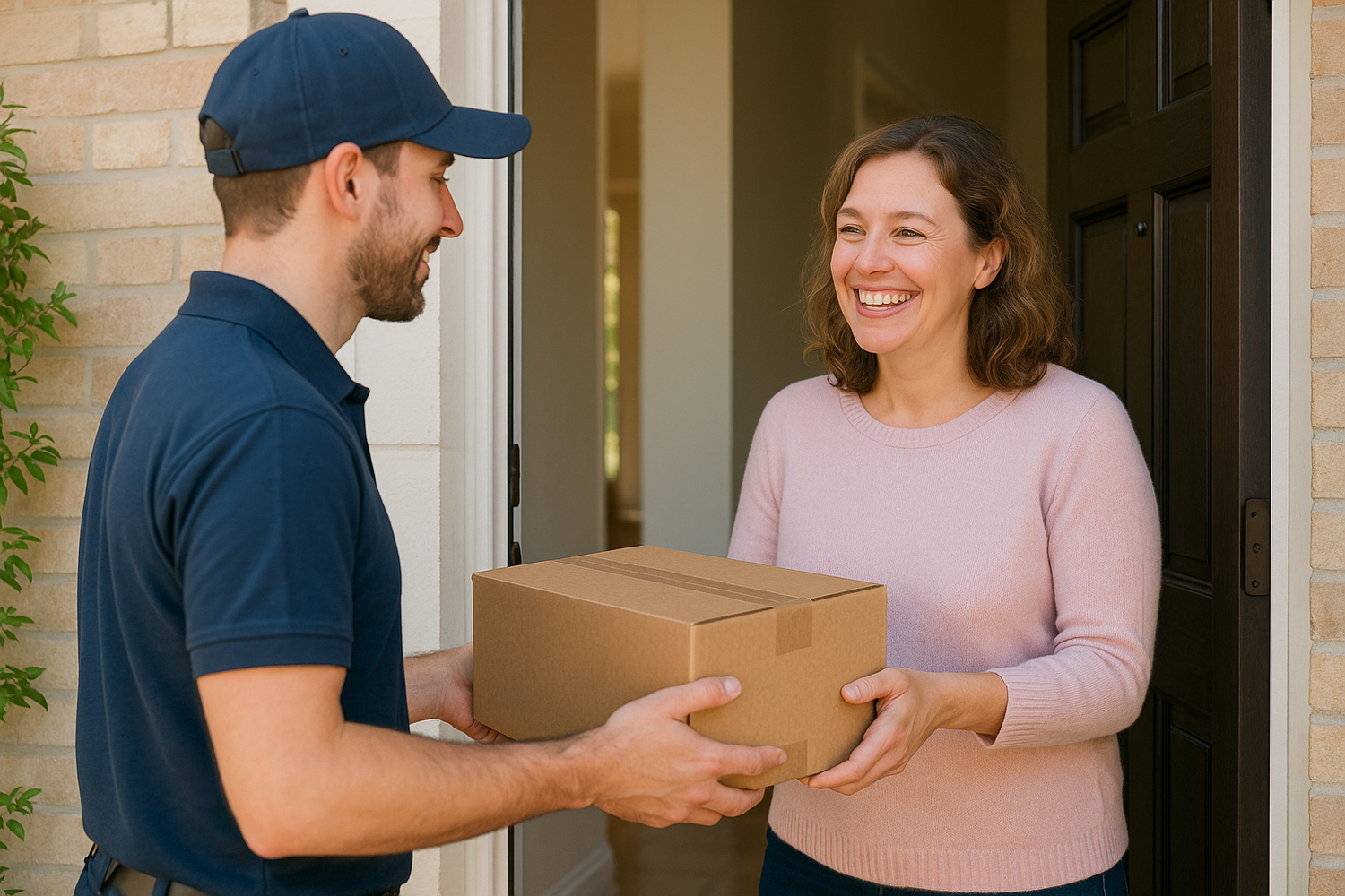 a woman getting an package from a delivery boy